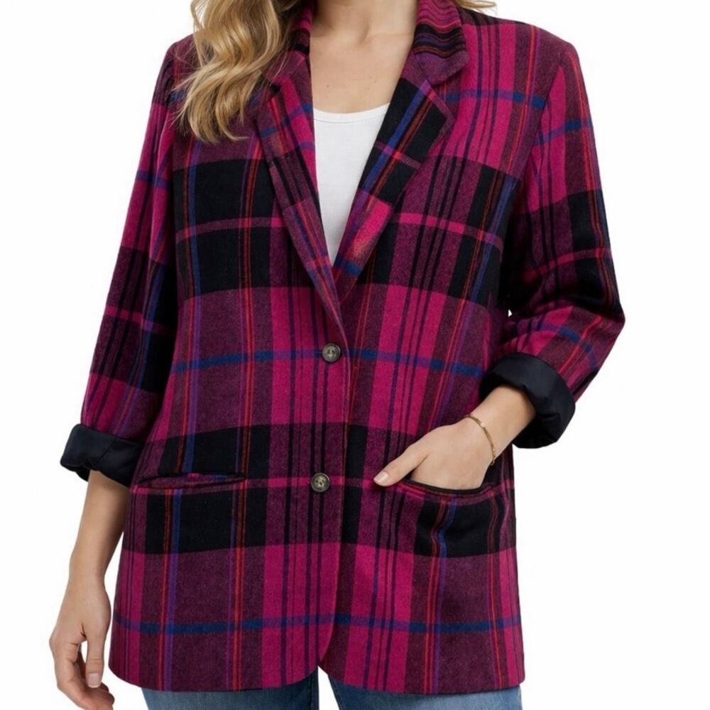 Vintage Private Eye Plaid Blazer Small Wool Blend Pink Black Oversized Retro